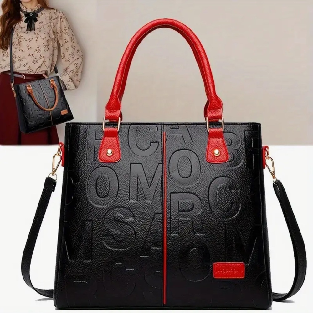 Perfect Lily Black Embossed Letter Tote Bag Red Handle Crossbody NIP - Picture 11 of 12